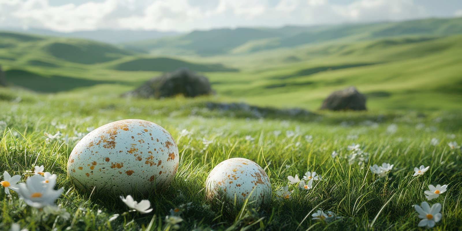 Large and small speckled eggs resting on a vibrant green meadow surrounded by wildflowers in a serene landscape